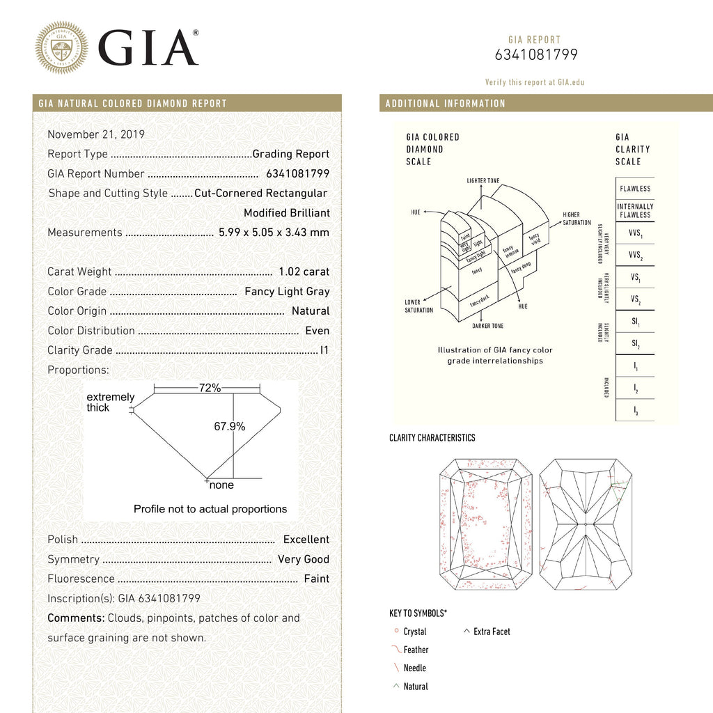 1.02ct 5.99x5.05x3.43mm GIA I1 Fancy Grey Radiant Cut 18439-01 - Misfit Diamonds