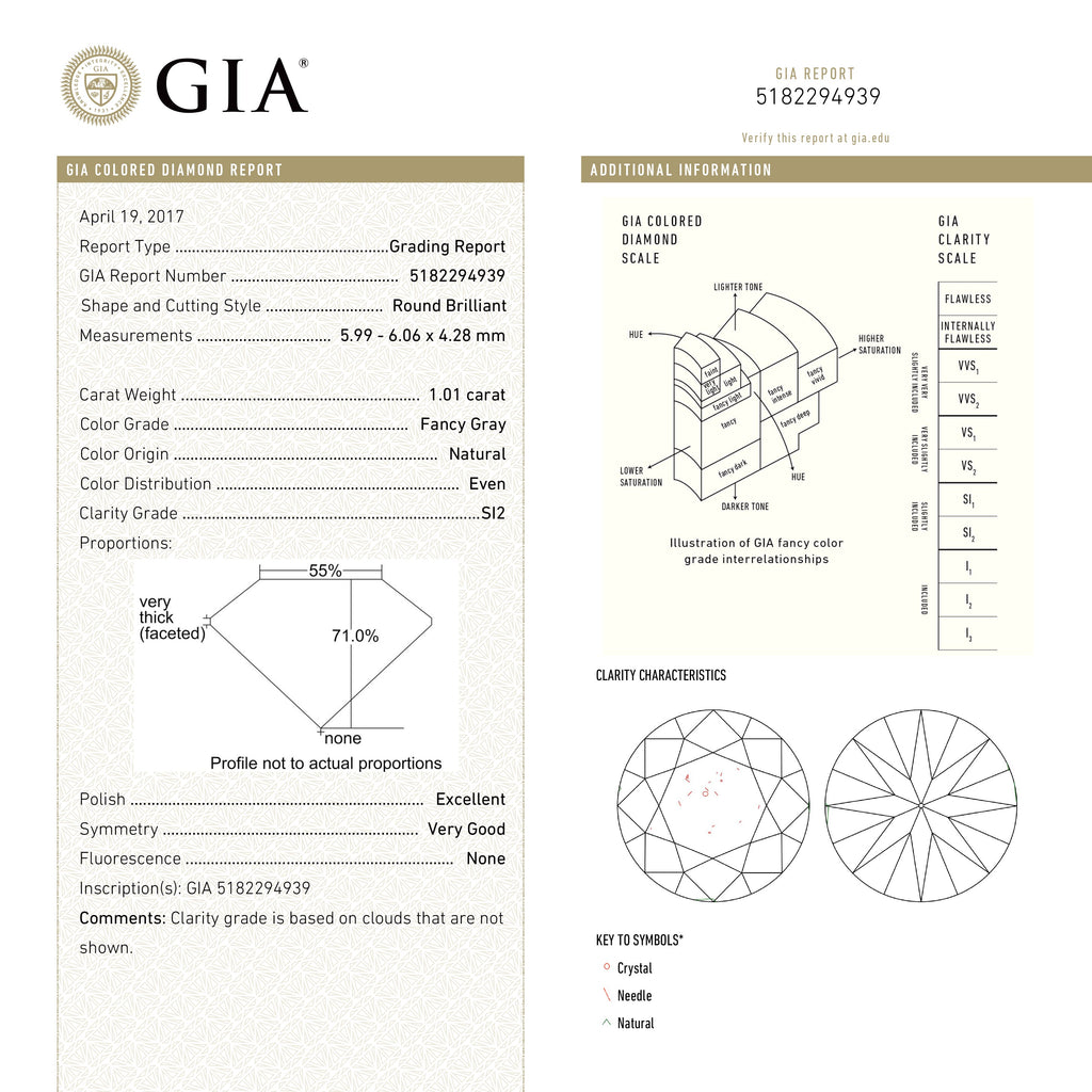 1.01ct 6.06x5.99x4.28mm GIA SI2 Faint Grey Round Brilliant 19001-01 - Misfit Diamonds